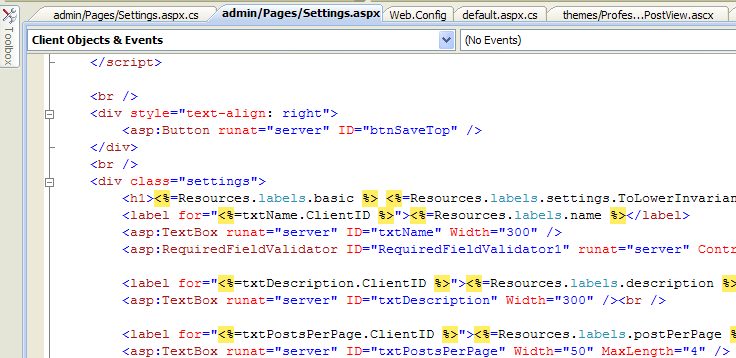 editor di Visual Studio formattato correttamente con i tag colorati