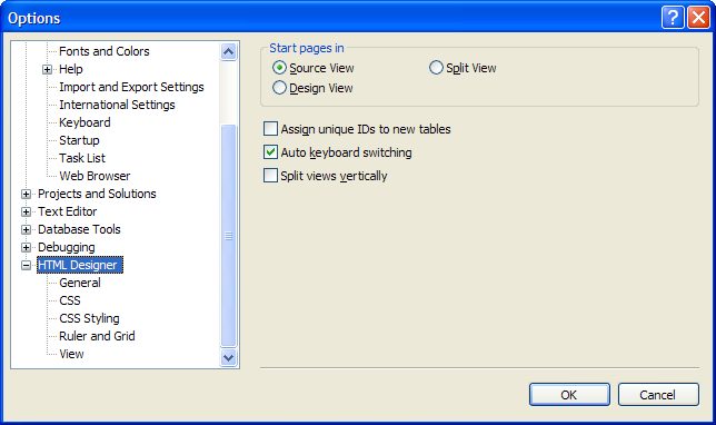 configurazione della finestra HTML Designer in Visual Web Developer