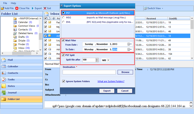 esportazione email da Outlook Recovery nei formati PST, EML o MST