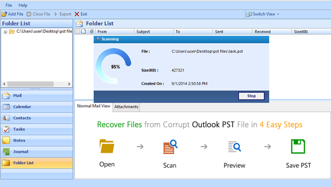Processo di scansione di Outlook Recovery Tool sui file PST