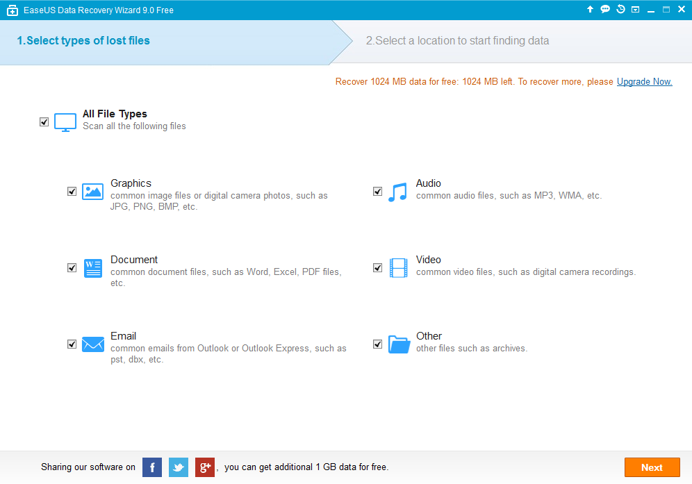 selezionare i tipi di file per il loro recupero con EaseUS Data Recovery Wizard Free