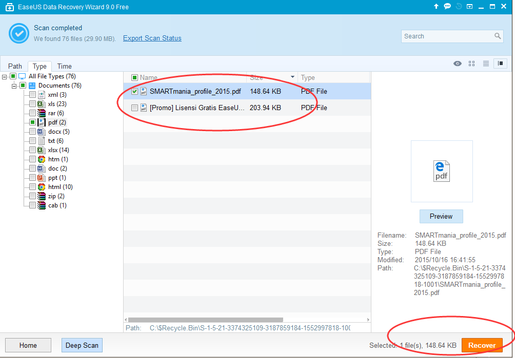 processo di scansione per il recupero dei files eliminati con EaseUS Data Recovery Free