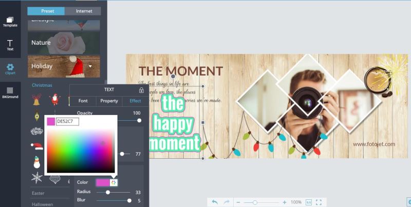 testo e clip-art aggiunti su copertina facebook modificabile online con FotoJet
