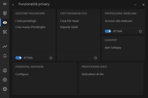 Schermata di Bitdefender Funzioni Privacy