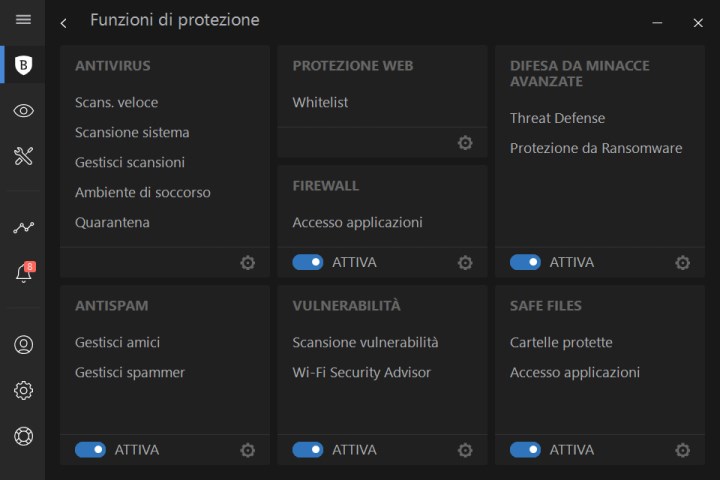 Bitdefender schermata funzioni di protezione