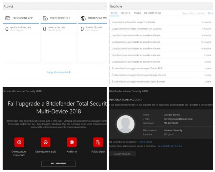 Schermata attività, notifiche, upgrade ed account utente di Bitdefender