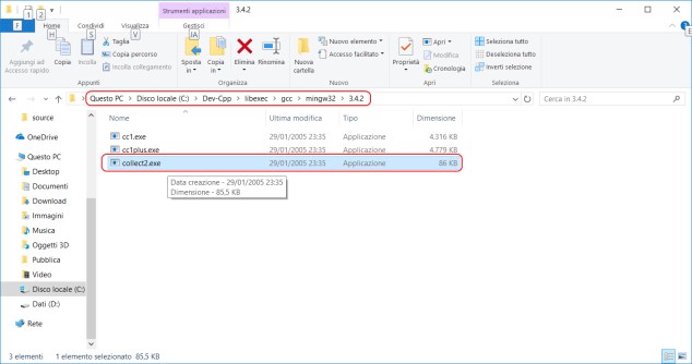 path installazione Dev-C++ , esattamente è il path della libexec del Mingw32 dove si trova il file collect2.exe