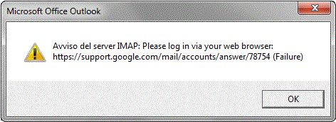 Outlook finestra errore avviso del server imap please login via your web browser