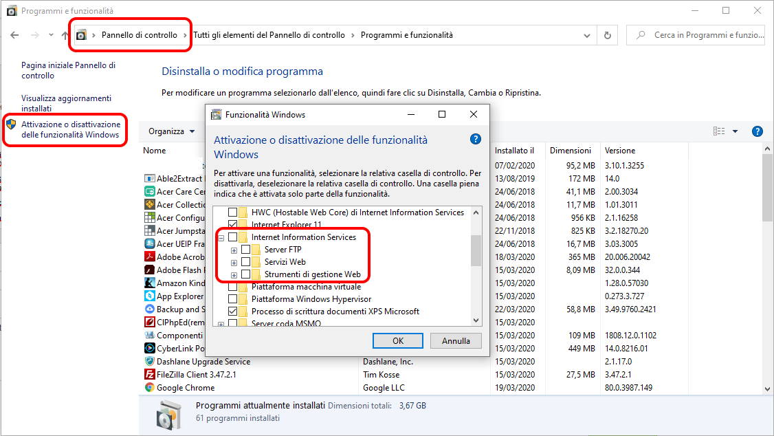 Disinstallare IIS in Windows