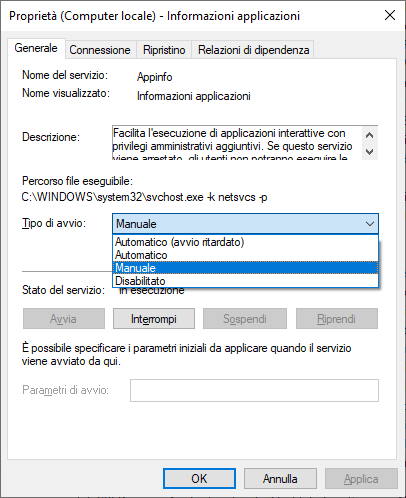Proprietà servizio IIS, tipo di avvio Manuale