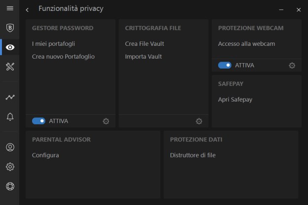 Schermata di Bitdefender Funzioni Privacy