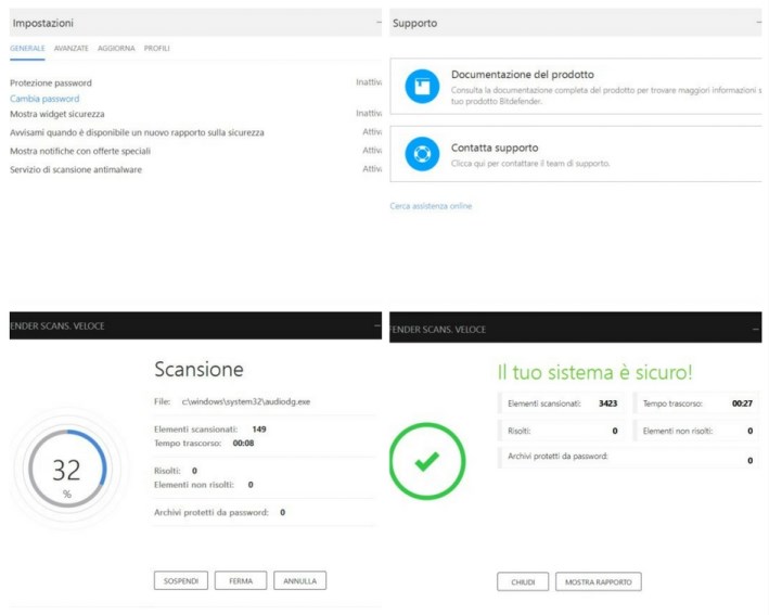 Schermata delle impostazioni generali, supporto tecnico e scansione antivirus del sistema con Bitdefender