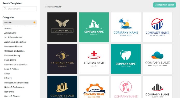 lista categorie dei templates logo di DesignEvo