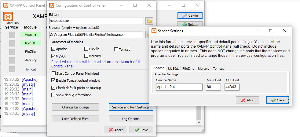 Configuration Service and Port Settings di XAMPP