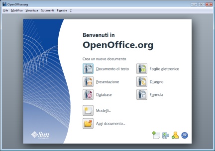 Wizard di apertura di Open Office, per la selezione di uno dei programmi della suite di Sun