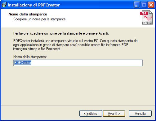 specificare il nome della stampante virtuale