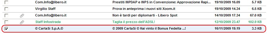 Intestazione di  una e-mail di phishing da parte di una falsa Carta-Si