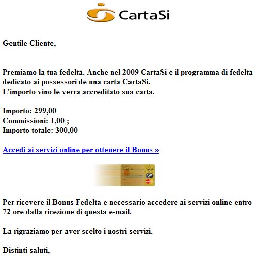 il messaggio dell'e-mail di phishing della finta Carta-Si