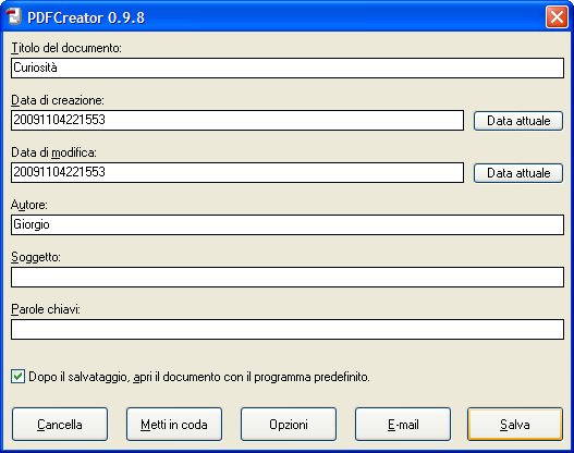 Wizard di PDFCreator che permette di specificare il nome del file pdf da salvare