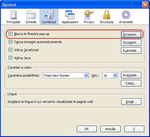 scheda contenuto delle opzioni di FireFox per attivare o disattivare il blocco popup