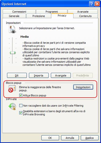 scheda privacy d'Internet Explore per attivare o disattivare il blocco popup