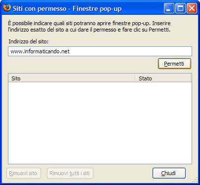 creare una lista di siti legittimi a cui consentire i popup con la scheda eccezioni popup di FireFox