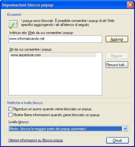creare una lista di siti legittimi a cui consentire i popup con la scheda eccezioni popup d'Internet Explorer