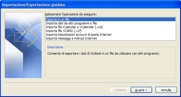 Wizard per l'import ed export dei dati di Outlook