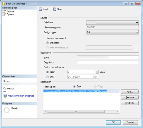 Scheda Generale per impostare il backup di database con Sql Server Management Studio