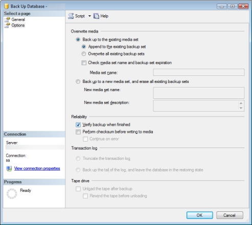 Scheda Opzioni per impostare il backup di database con Sql Server Management Studio