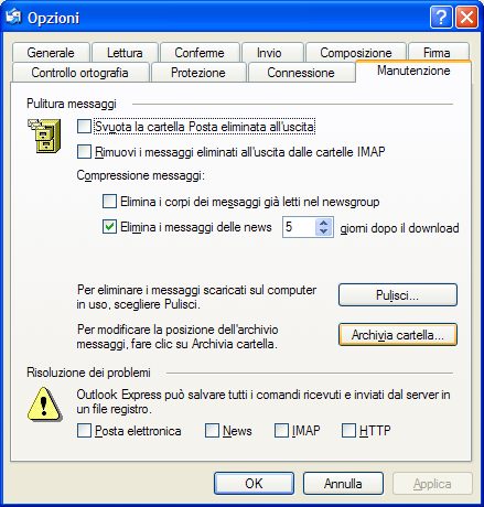 scheda manutenzione archivio dati di Outlook Express