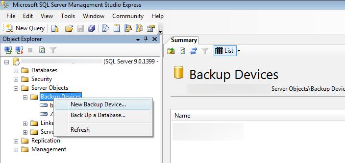 Creazione di un dispositivo di backup con Microsoft Sql Server Management Studio