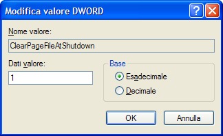 Cancellare il file di paging allo spegnimento del PC impostando ad 1 il valore della chiave del registro