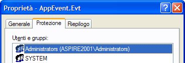Scheda Protezione del file AppEvent del Registro degli Eventi di Windows