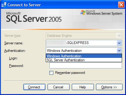 Connession al database engine di Sql Server 2005 con metodo di autenticazione mista