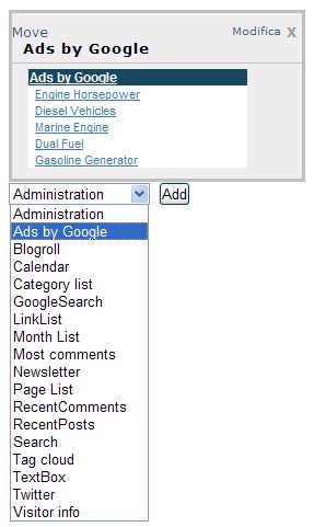 esecuzione del widget personalizzato di blogengine.net che mostra il codice di google adsense