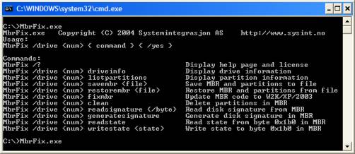 l'utility MbrFix per la gestione del Master Boot Record in esecuzione sotto dos