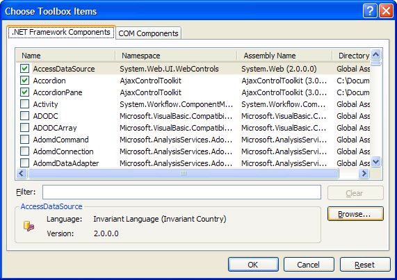La finestra modale per la scelta dei componenti d'aggiungere alla ToolBox di Visual Studio