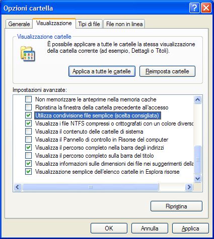 Scheda opzioni cartella, Visualizzazioni per disabilitare la condivisione di file semplice