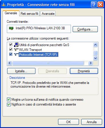 Scheda proprieta per la configurazione dei protocolli di rete in ambiente Windows