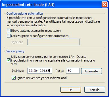 Scheda impostazioni rete locale LAN, per configurare un server proxy