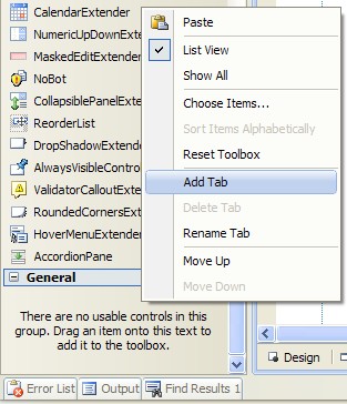 Menu contestuale per l'aggiunta di una nuova Tab nella ToolBox di Visual Studio