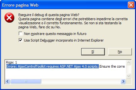 Finestra d'errore AjaxControlToolkit requires ASP.NET Ajax 4.0 scripts