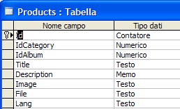 Visualizzazione struttura di una tabella Access con vari tipi di dato