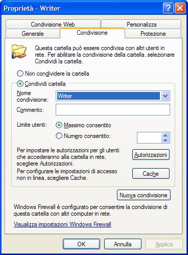 Scheda di condivisione in rete di una cartella Windows