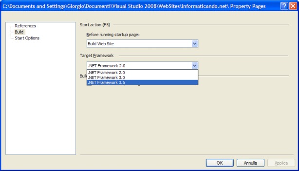 Build options delle proprietà di un'applicazione web sviluppata con Visual Studio con selezione del target framework