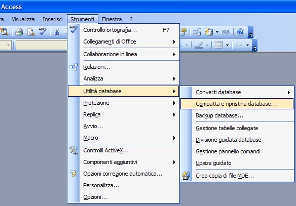 Richiamare il comando Compatta e ripristina database dal menù strumenti di Access