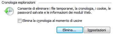 finestra delle opzioni internet per la cancellazione della cronologia di esplorazione