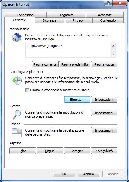 Finestra Opzioni Internet Explorer per cancellare la cronologia di esplorazione
