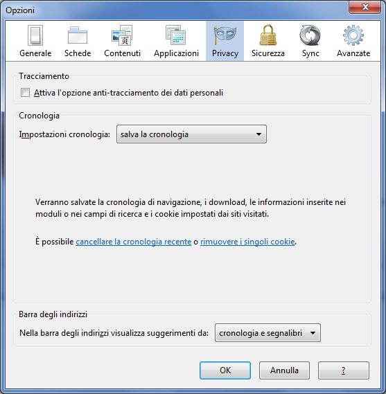 Finestra Opzioni FireFox sulla cheda Privacy per cancellare la cronologia di navigazione